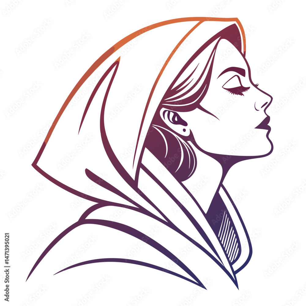 Poster Stylized vector illustration of a woman in a hooded cloak emphasizing elegance and mystery, ideal for various design projects and branding needs