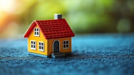 Simple toy home on blue surface with copy space 