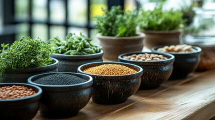 Row of dark bowls holding various food grains and herbs.