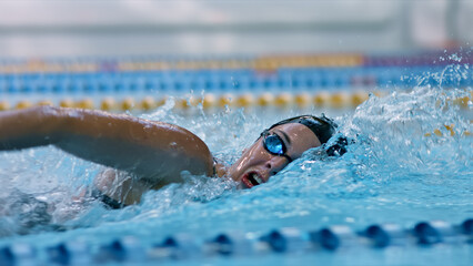 Athlete glides through water in a pool, demonstrating speed and skill. The close-up shot captures the intensity and focus of competitive swimming.