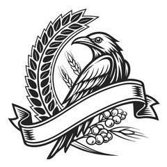 Elegant vector illustration of a majestic eagle perched among foliage, surrounded by rays of sunlight and a blank banner for customization