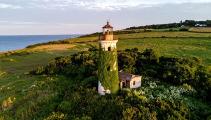 Fototapeta premium Overgrown Coastal Lighthouse at Sunset Aerial View