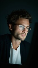 Obraz premium A man in a dark room is using a computer. He has on a suit and glasses.