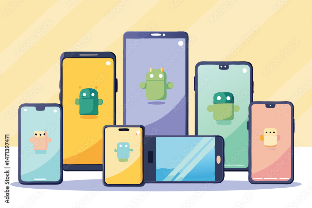 Poster colorful collection of mobile phone vector illustrations featuring various app interfaces on vibrant