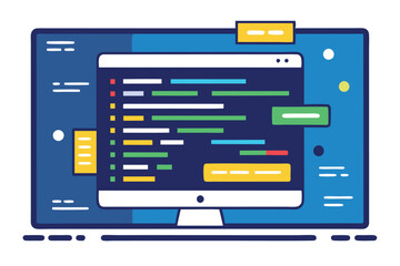 Vector illustration of a web browser displaying colorful code snippets on a dark background with abstract shapes and graphics