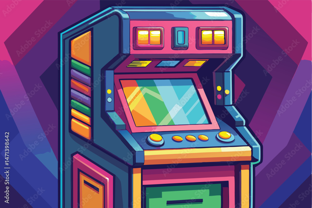 Leinwandbilder colorful retro arcade machine vector design featuring buttons and a screen against a vibrant cosmic 