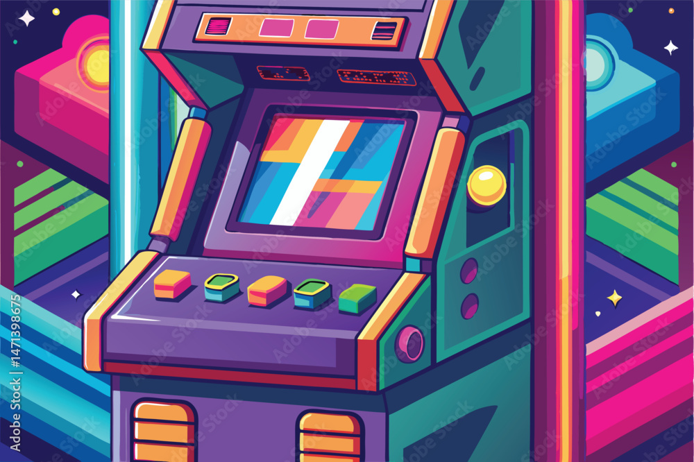 Leinwandbilder Colorful retro arcade machine vector design featuring buttons and a screen against a vibrant cosmic background
