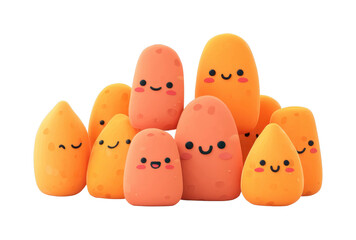 Smiling cartoon potatoes with cute faces and cheeks in various shapes and sizes, cut out - stock png.