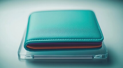 Vibrant Teal Wallet on Transparent Surface with Colorful Card Slots and Minimalist Design