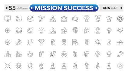 Mission Success outline web icons set. Success, achievement, successful, strategy, winner, teamwork, goal, brainstorm, challenge and task. Editable stroke outline icon.
