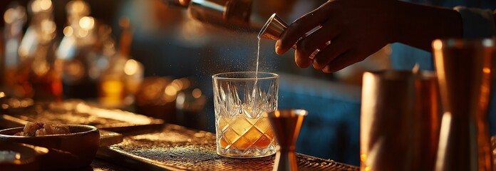 Close-up shows a barman mixing by hand while using a jigger to measure salt, sugar and other ingredients into shakers at the bar. 