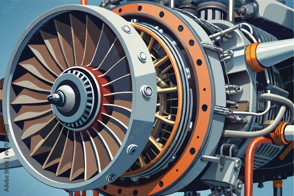 Poster vector illustration of a detailed aircraft turbine engine showcasing intricate design elements and m
