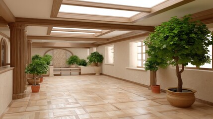 Interior of a spacious green architecture building showcasing a two-standard design with indoor plants for a v2-6x style environment.