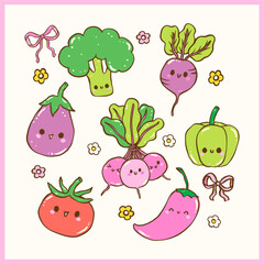 Cute Farmers Market Kawaii Vegetables with Smile face Clipart Set, Playful Doodle Girly Hand Drawing
