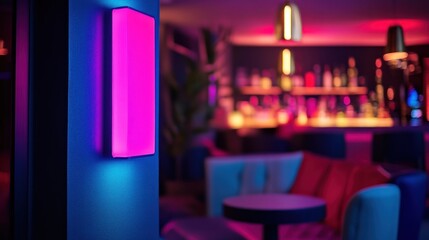 Vibrant Modern Bar Interior with Neon Lighting and Colorful Decor for Nightlife Atmosphere