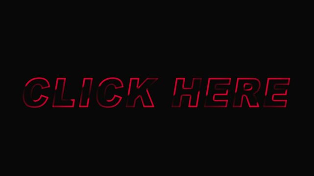 Click Here neon text animation on black background. 4k video
