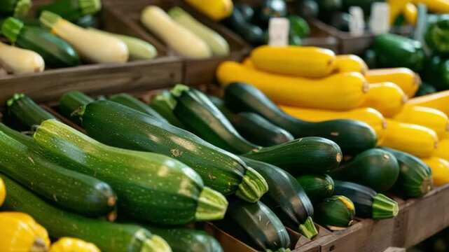 Vibrant display of fresh organic zucchini and yellow squash at a local farmers market, showcasing the richness of fresh vegetables for healthy cooking.