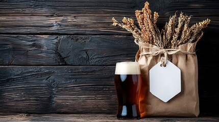Obraz premium Dark Beer in Glass with Wheat on Rustic Wooden Background
