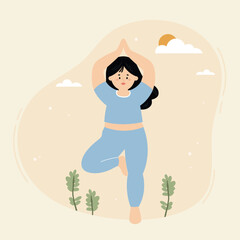 Woman Plus Size Practicing Yoga in Tree Pose Hand Drawn Illustration