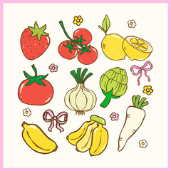 Cute Farmers Market Vegetables and Fruits Clipart Set, Playful Doodle Girly Hand Drawing