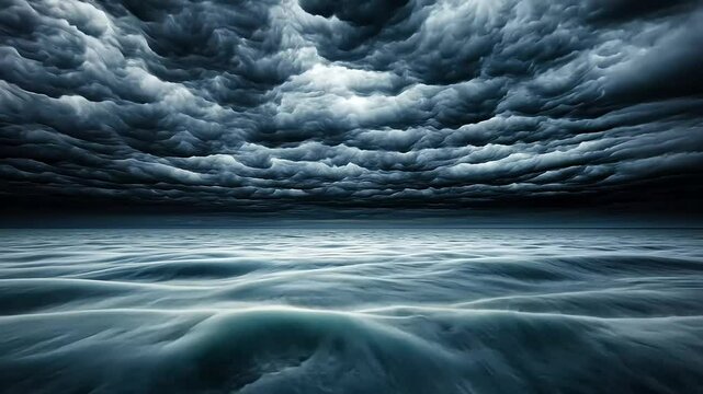 Dark, ominous storm clouds gather above a turbulent, churning ocean