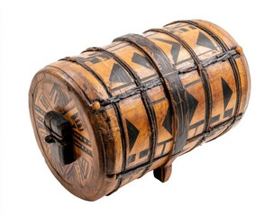 Ornate, cylindrical wooden container with intricate geometric designs