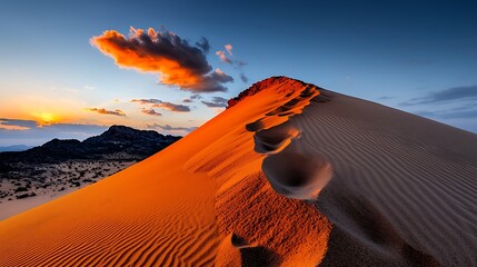 Fototapeta premium Desert Ridge Sunset: Orange Sand Dunes and Dramatic Sky
