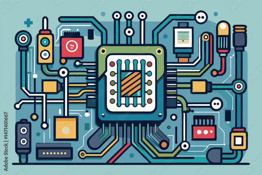Leinwandbilder colorful vector illustration of a circuit board design featuring various electronic components and c