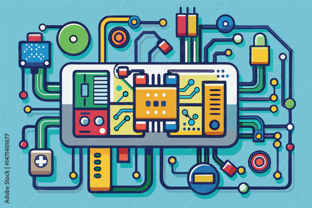 Leinwandbilder colorful vector illustration of a circuit board design featuring various electronic components and c