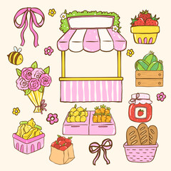 Cute Girly Farmers Market Stand and Fruit, Veggies & Floral Produce Doodle Hand Drawn Set