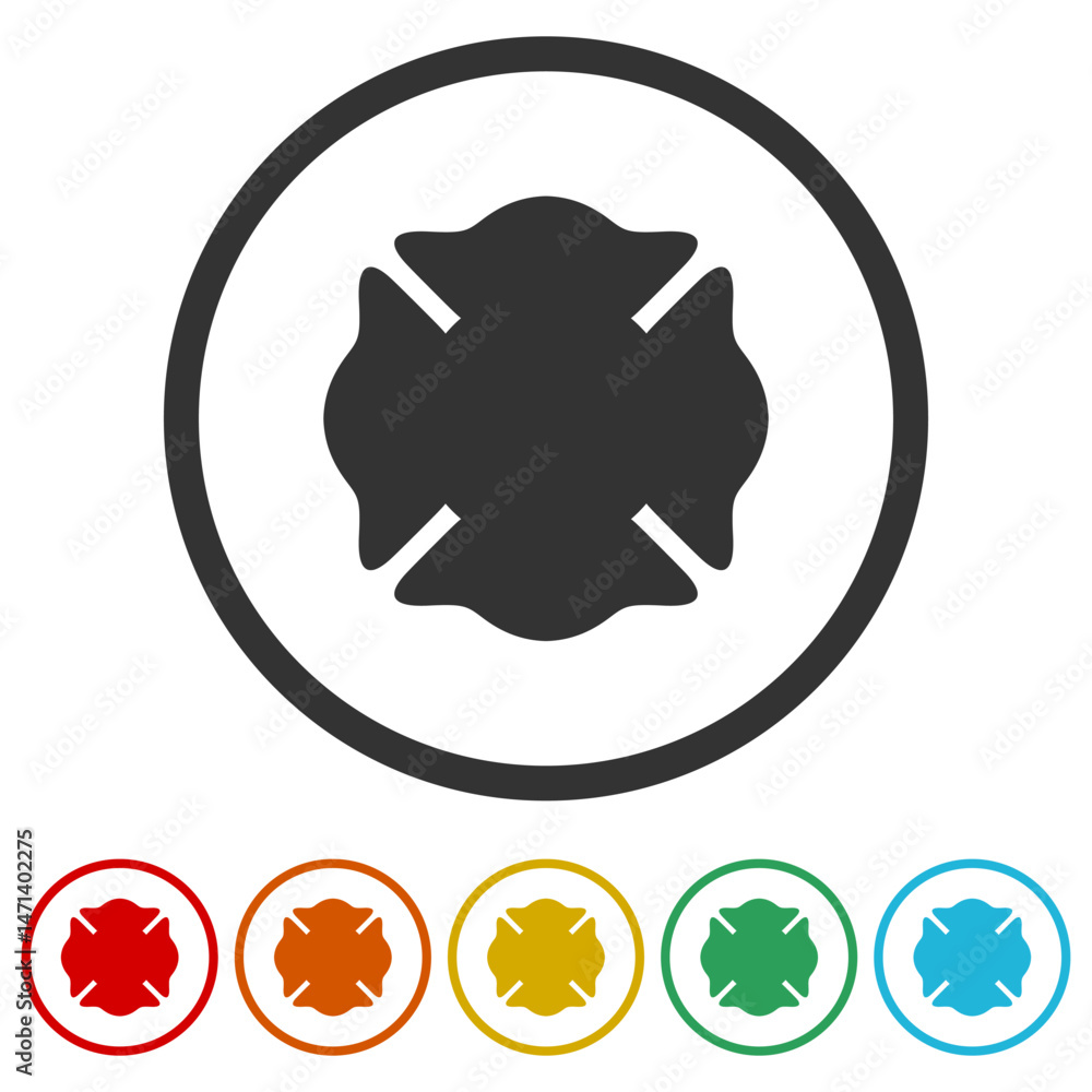 Poster maltese cross firefighter emblem. set icons in color circle buttons