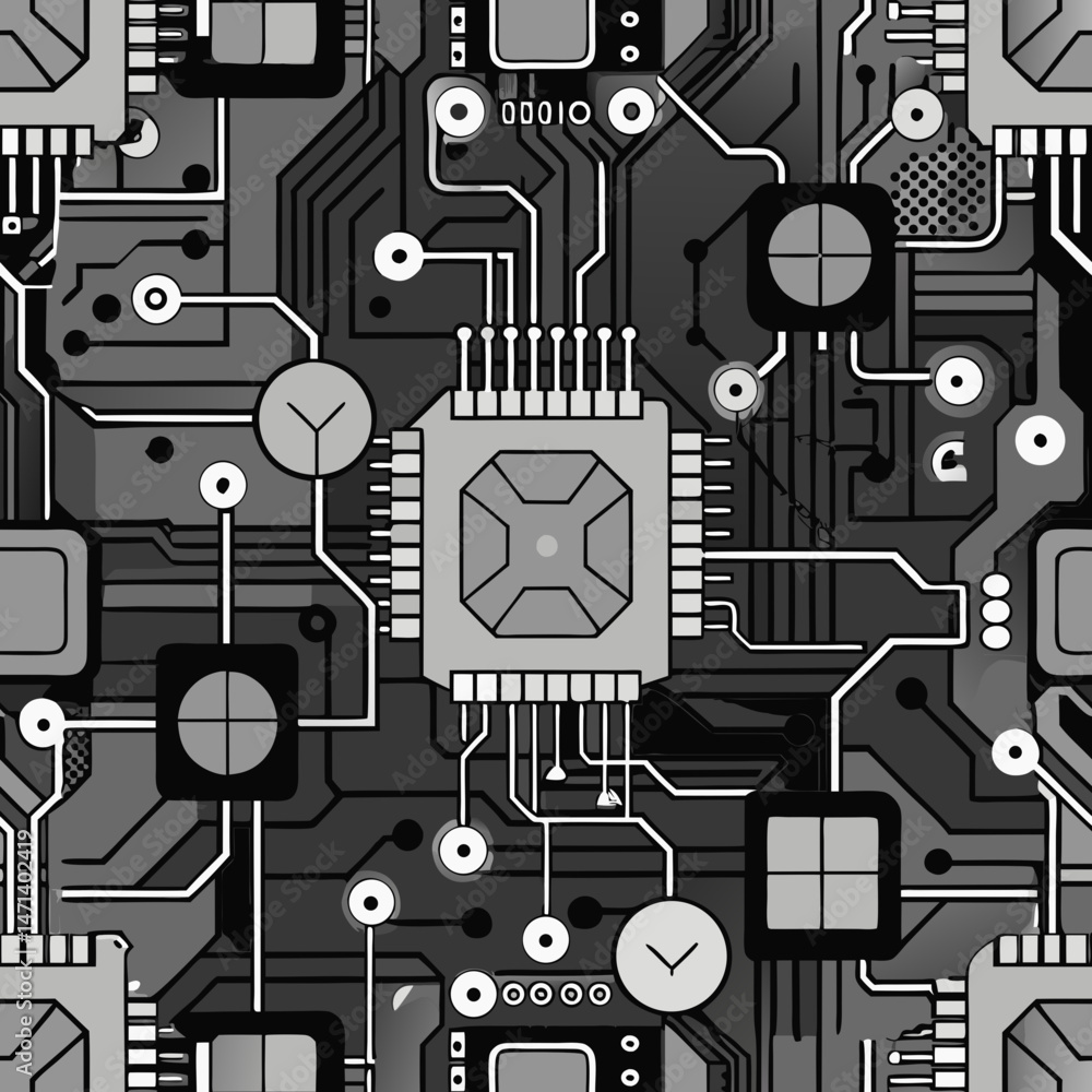 Poster seamless vector pattern of circuitry design in black and gray