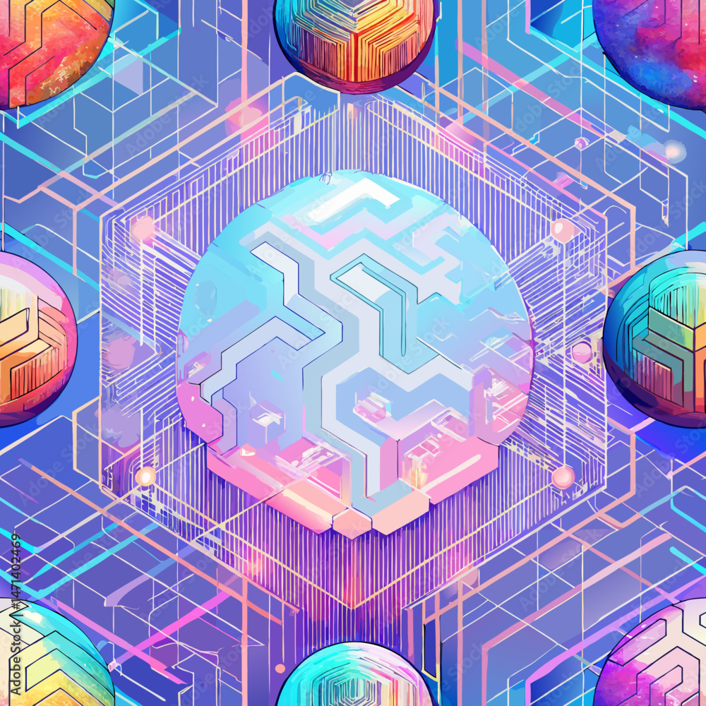 Aufkleber holographic seamless vector pattern with geometric circuit design