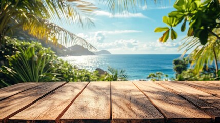 Fototapeta premium Tropical wooden deck overlooking a serene ocean. Lush vegetation and sunlight frame the scene