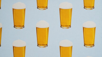 Minimalist design repeating golden beer glasses on white background
