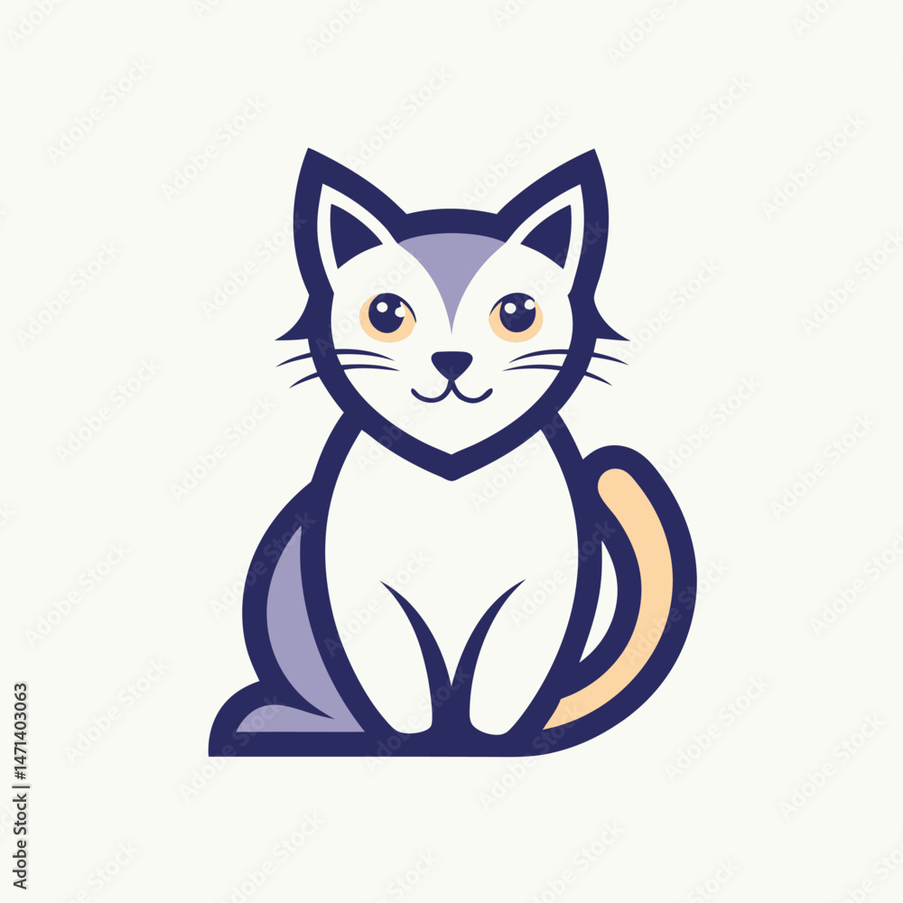 Poster cute vector illustration of a sitting cat in a minimalist style with a prominent tail and expressive