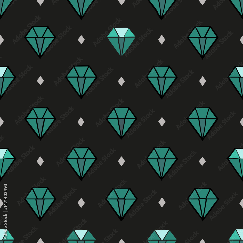 Poster seamless diamond vector pattern with turquoise gems on black background
