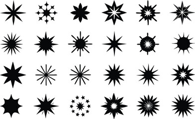 Set of sparkling stars icons. decorative twinkle and bursts forms, abstract shining flash symbols, glowing light effect vector graphic elements collection