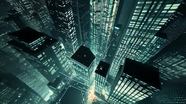 Mesmerizing aerial perspective of a modern megacity at night, showcasing skyscrapers