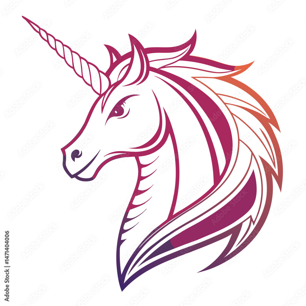 Poster elegant unicorn logo vector illustration featuring a detailed mane and spiraled horn designed with v