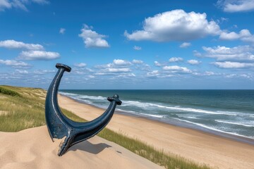 Anchor on sandy dune overlooking ocean