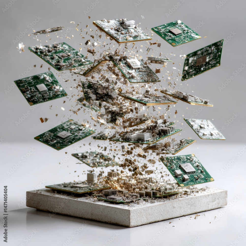 Leinwandbilder exploded circuit boards: a cascade of pcbs and debris, symbolizing technological disruption and inno