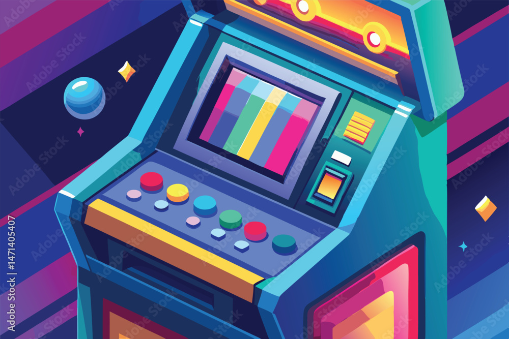 Fototapete colorful retro arcade machine vector design featuring buttons and a screen against a vibrant cosmic 