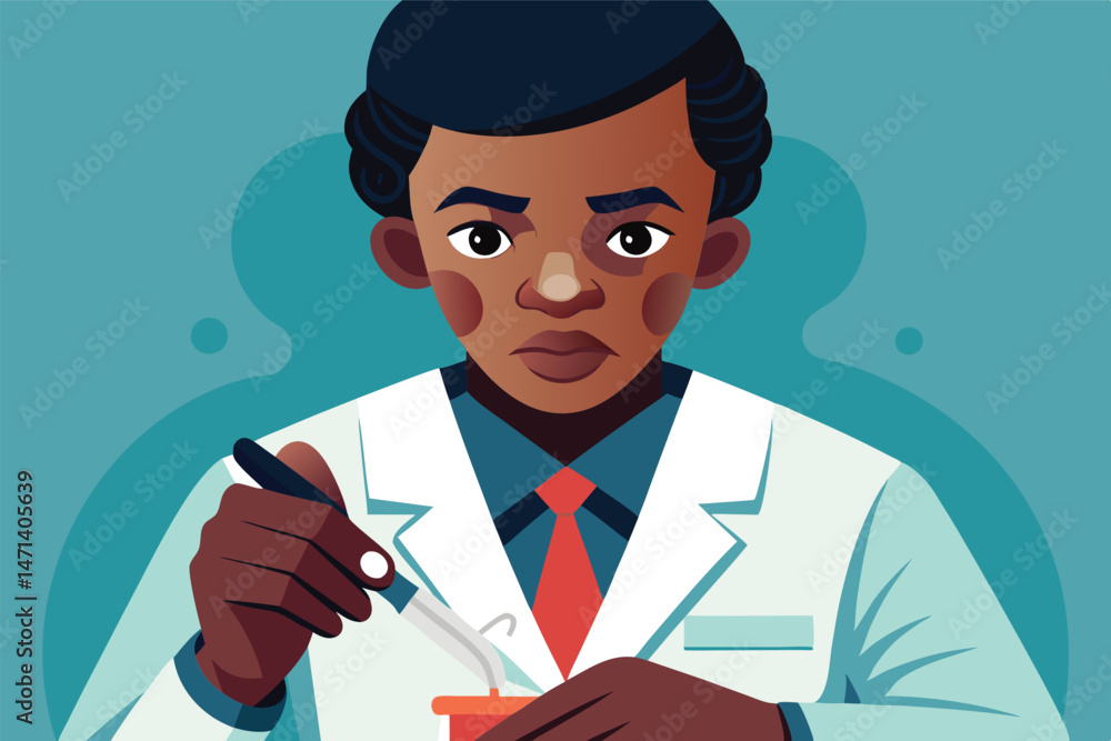 Poster vector logo illustration of a scientist performing experiments in a laboratory setting with a focuse