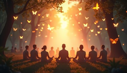 Fototapeta premium Meditation Group in Forest with Glowing Butterflies