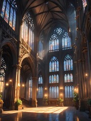 Sunlit gothic cathedral interior with stained glass windows, anime style digital illustration