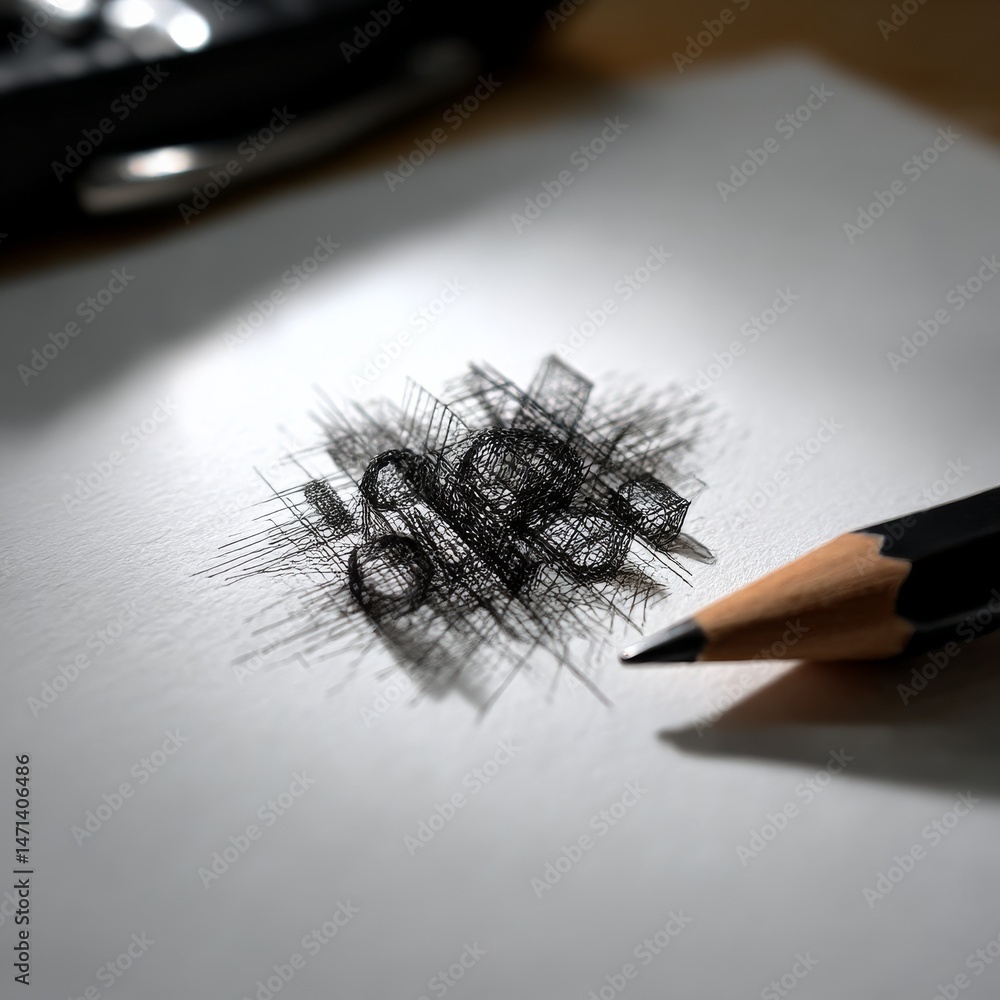 Aufkleber pencil sketch: abstract geometric design drawn on paper, highlighting the artistic process and preci
