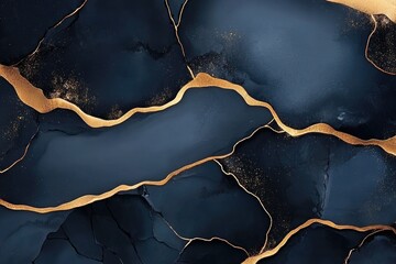 Abstract navy blue and gold art with swirling patterns and metallic accents