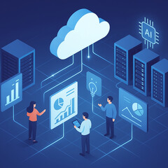 Isometric tech illustration of a futuristic cloud data center with glowing lines, server racks, AI icons, and people analyzing visual data panels in a digital, high-tech environment.