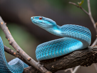 A vibrant blue snake is coiled on a tree branch with a blurred natural background